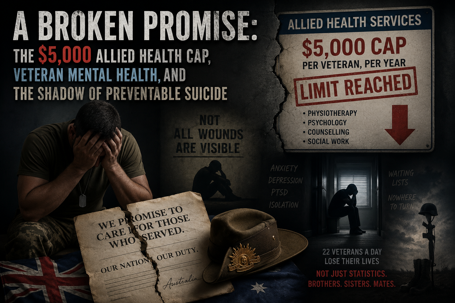 A Broken Promise white paper hero image about the $5,000 allied health cap, veteran mental health, and preventable suicide.