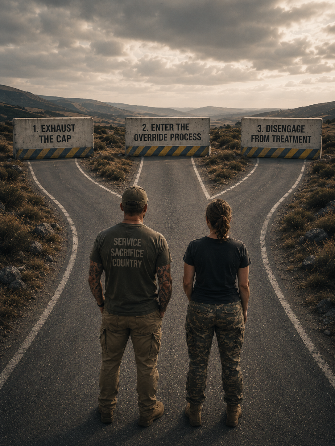 Male and female veterans facing three blocked pathways labelled Exhaust the Cap, Enter the Override Process, and Disengage from Treatment.
